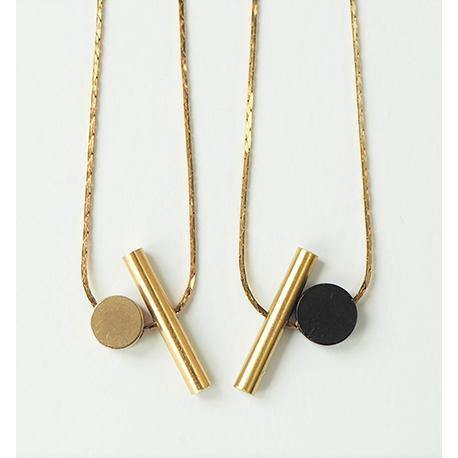 Brass Cylinder + Disc Necklace - Rock Paper Scissors