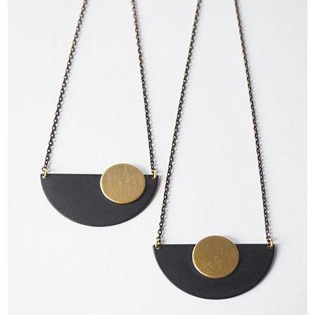 Black Crescent + Brass Disc Necklace - Rock Paper Scissors