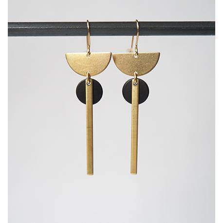 Brass Crescent+Bar+Black Disc Earrings - Rock Paper Scissors