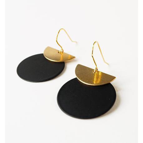 Brass Crescent with Black Disc Earrings - Rock Paper Scissors