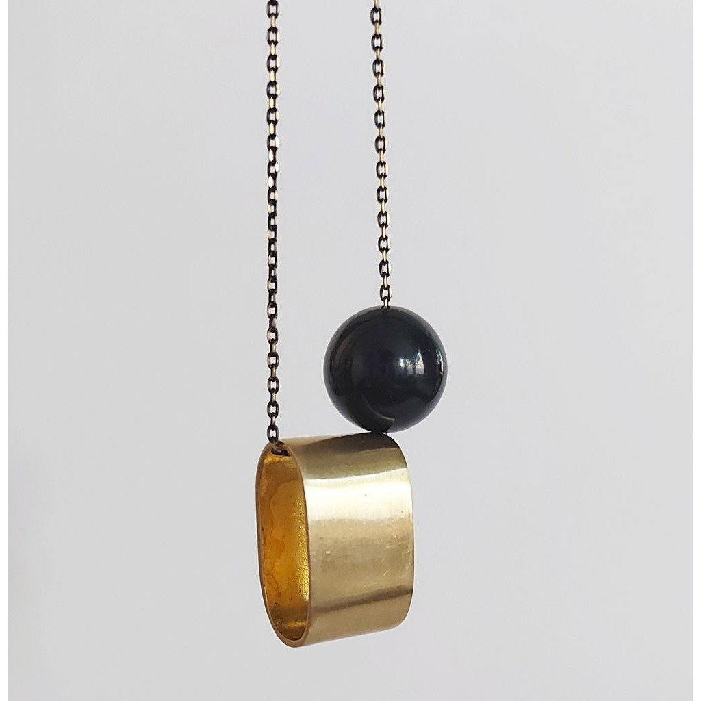 Brushed Brass Oval + Onyx Long Necklace - Rock Paper Scissors